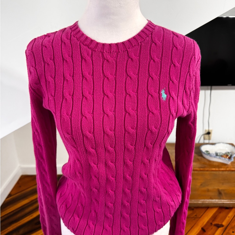 Ralph Lauren Fuchsia Cable Knit Crewneck Sweater with Pony size Small